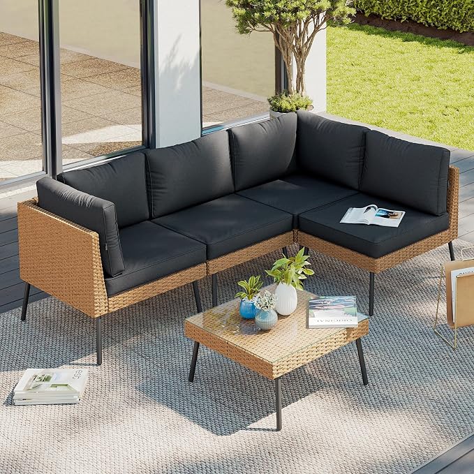 Aoxun Patio Furniture Set, 5 Piece Outdoor Sectional Sofas with Thick Cushion, Wicker Outdoor Patio Furniture Set with Coffee Table for Party, Garden, Backyard, Black