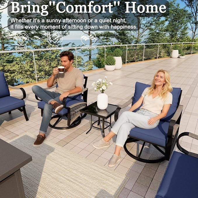 5-Piece Outdoor Furniture Set, Metal Swivel Rocking Chairs with All-Weather Cushions, Rope Patio Conversation Set with Fire Pit Table for Deck, Porch, Garden, Backyard, Poolside (Blue Cushions)