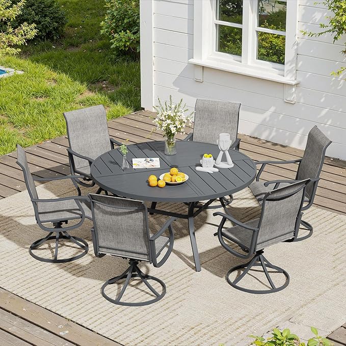 VICLLAX 7 Pieces Patio Dining Set, Patio Furniture Set of 6 Patio Swivel Dining Chairs and 50" Patio Spliced Round Tabletop, Grey Chairs & Dark Grey Tabletop