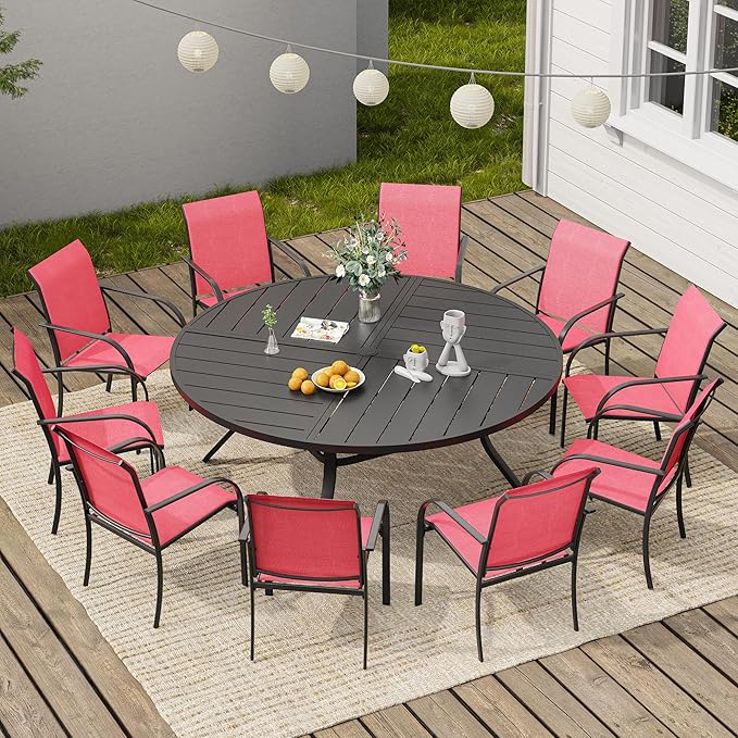 VICLLAX 11 Pieces Round Patio Dining Set, Patio Furniture Set of 10 Patio Stackable Dining Chairs and 63" Outdoor Spliced Tabletop with Umbrella Hole, Red Chairs and Black Table