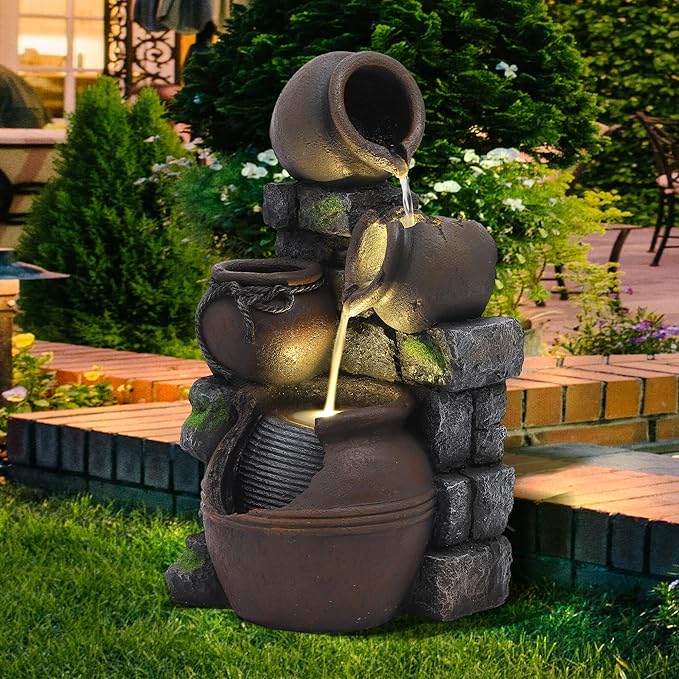 4 Cascading Jugs Outdoor Fountain and Waterfalls, 3 Tiered Resin Pitchers Pot Floor Standing Water Fountain with Led Lights Pump, Soothing Tranquility Water Fountains for Home Garden Yard, 24"H