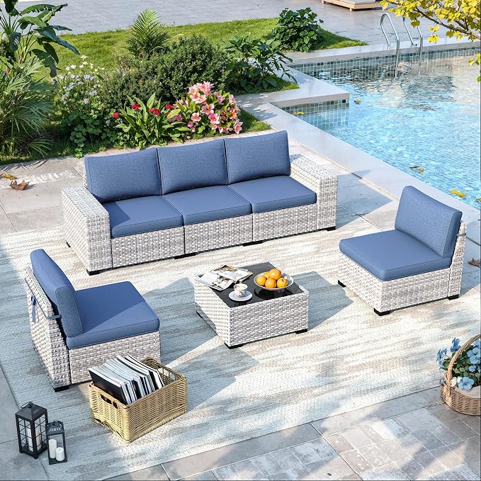 6 Piece Outdoor Sectional Sofa Set, 5-Seats Patio Wicker Conversation Set with 4" Thickened Cushions & Coffee Table, All-Weather PE Rattan for Garden, Backyard, Porch, Blue