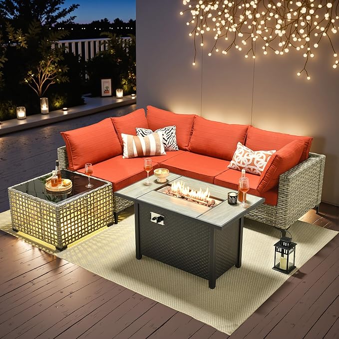 Outdoor Patio Furniture Sets,6 PCS Patio Conversation Set Outside Rattan Sectional Sofa with 42 in Fire Pit Table&Coffee Table Fit Backyard Porch Garden Poolside Balcony