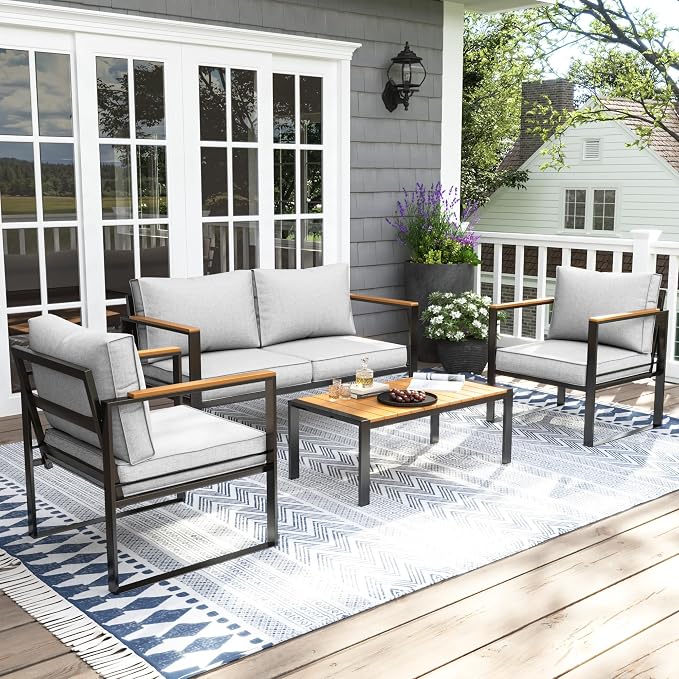 UDPATIO Metal Outdoor Patio Furniture Set, Modern Outdoor Conversation Sets w/Coffee Table, 4 Piece Outside Furniture with Thick, Washable and High-Resiliency Sponge Cushions, Light Grey