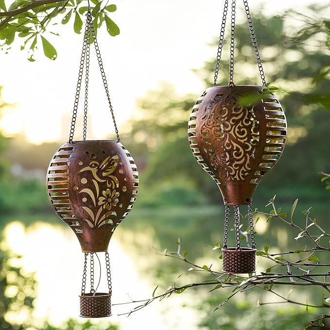 TERESA'S COLLECTIONS 2 Pack Hummingbird Flame and Hot Air Balloon Hanging Solar Lantern for Garden Decor, Outdoor Lights for Yard Decoration,Patio Yard Porch Lawn Ornaments as Gifts for Mom,18 Inch