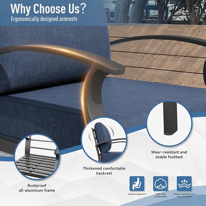 Kurapika Aluminum Patio Furniture Set 10-Seat Modern Metal Outdoor Conversation Sets w/Swivel Rocking Chairs Patio Sectional Sofa w/5.1 Inch Cushion with Rectangular Coffee Table, Navy Blue