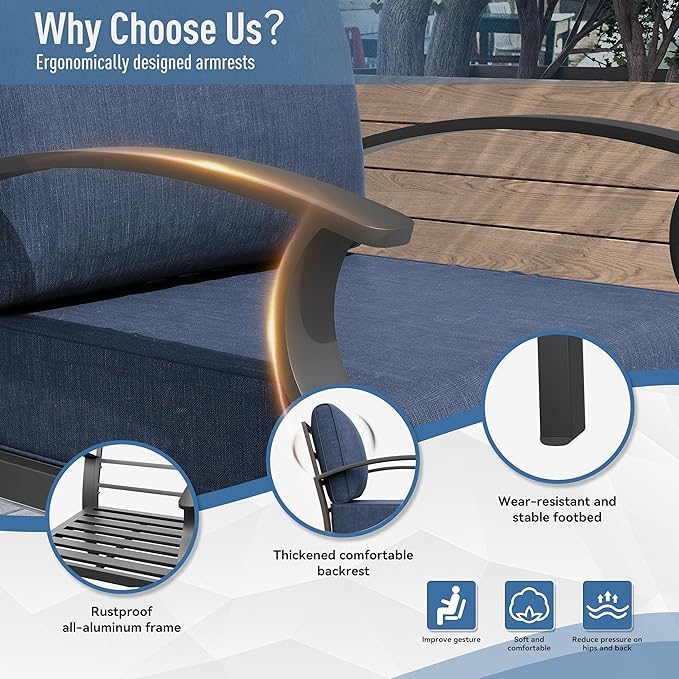 Kurapika Aluminum Patio Furniture Set 5-Seat Modern Metal Outdoor Conversation Sets w/45in Propane Fire Pit Table, w/5.1 Inch Cushion Patio Sectional Sofa w/5.1 inch Cushion, Navy Blue