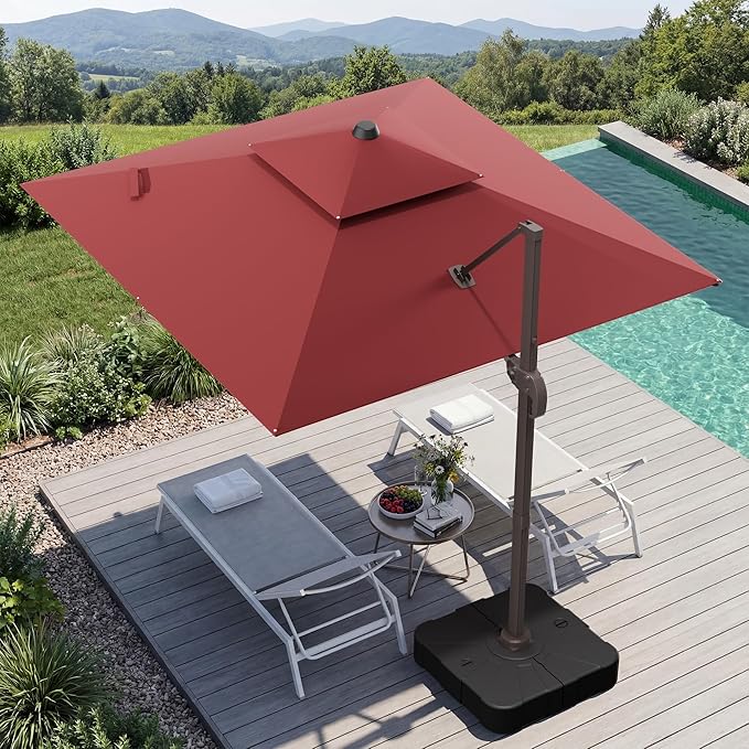 GENTEACO 10X10 FT Cantilever Umbrella with Base Included, Large Offset Patio Umbrella with Double Top, 6 Angle Tilts & 360° Rotation, Large Square Sun Umbrellas for Outdoor Pool Market, Red