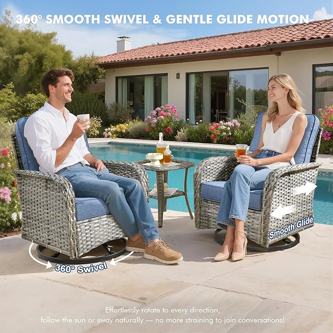 Weaxty Wicker Patio Furniture Set with Swivel Rocker Chairs Outdoor Loveseat Sofa and Rattan Coffee Table, 5 Pieces Outdoor Conversation Sets for Patio Porch Deck Backyard Poolside, Denim Blue