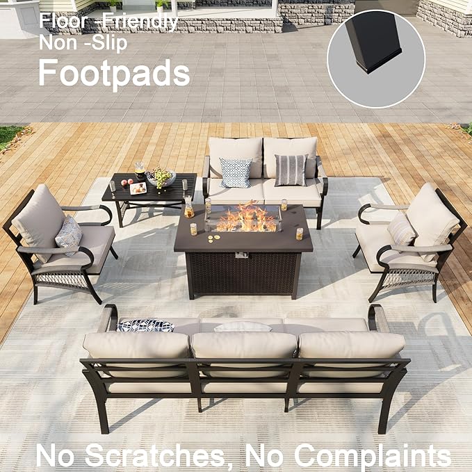 6 Pieces Patio Furniture Set, Metal Outdoor Conversation Sets with Fire Pit Table for Backyard Garden Deck Porch Poolside (Thick Beige Cushions)