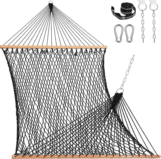 Lazy Daze Hammocks 12FT Double Rope Hammocks, 2 Person Hand Woven Cotton Hammock with Spreader Bar, Carabiner, Tree Strap, Chain for Outside, FIT 13-15 FT Stand, Max 450 Lbs, Black