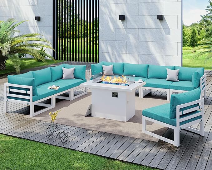 NICESOUL 8 Seat Oversized Modern Aluminum Patio Furniture Set, All Weather Rust Proof Modular Sectional Sofa with Fire Pit Table, 500 lbs Heavy Duty Comfortable Outdoor Couch for Garden Backyard, Teal
