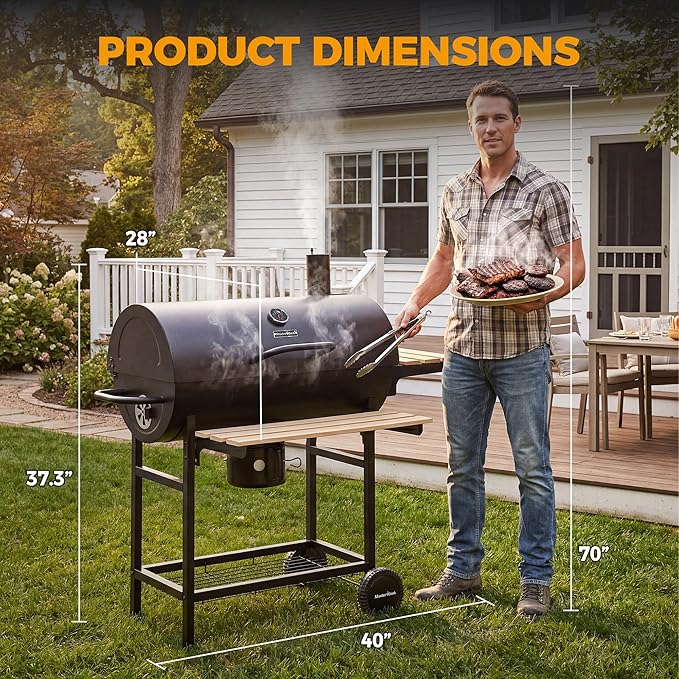 MASTER COOK Barrel Charcoal Grill with Foldable Front Wood Shelf, 686 Sq.in. Cooking Area Outdoor bbq Grill, Thermometer and Adjustable Air Vents for Backyard, Patio, Parties, Tailgating, Black