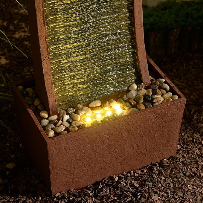Teamson Home 38.5" Indoor/Outdoor Modern Curved Faux Slate Waterfall Fountain with LED Lights, Red Rock
