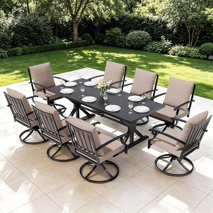 9 Pieces Outdoor Patio Dining Set,Patio Table and Chairs Metal Outdoor Patio Furniture Set with Umbrella Hole,Dining Table Set with 8 Swivel Chairs for Deck,Backyard and Garden,Brown