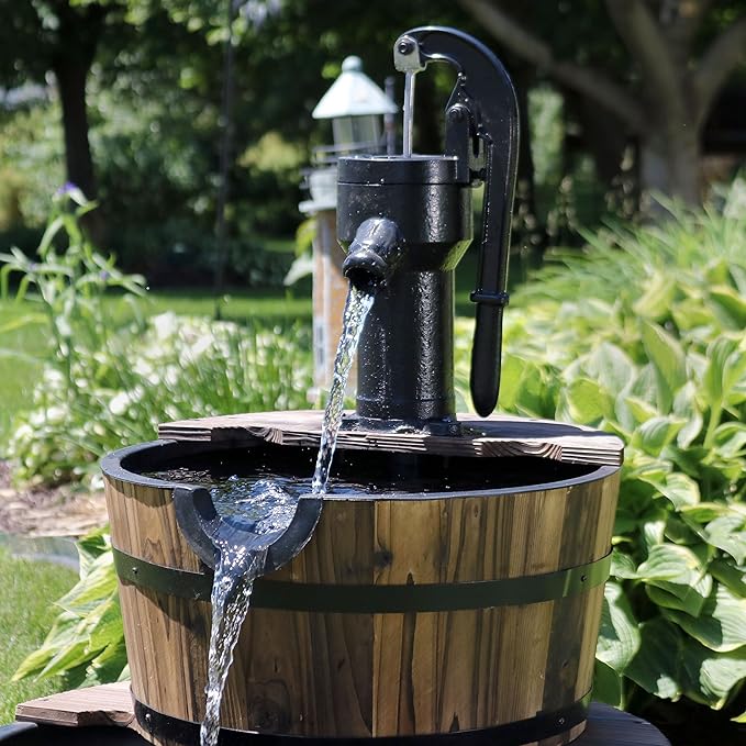 Sunnydaze 2-Tier Wood Barrel Water Fountain - 34-Inch Vintage Water Pump Fountain with Submersible Pump - for Garden, Patio, Decks