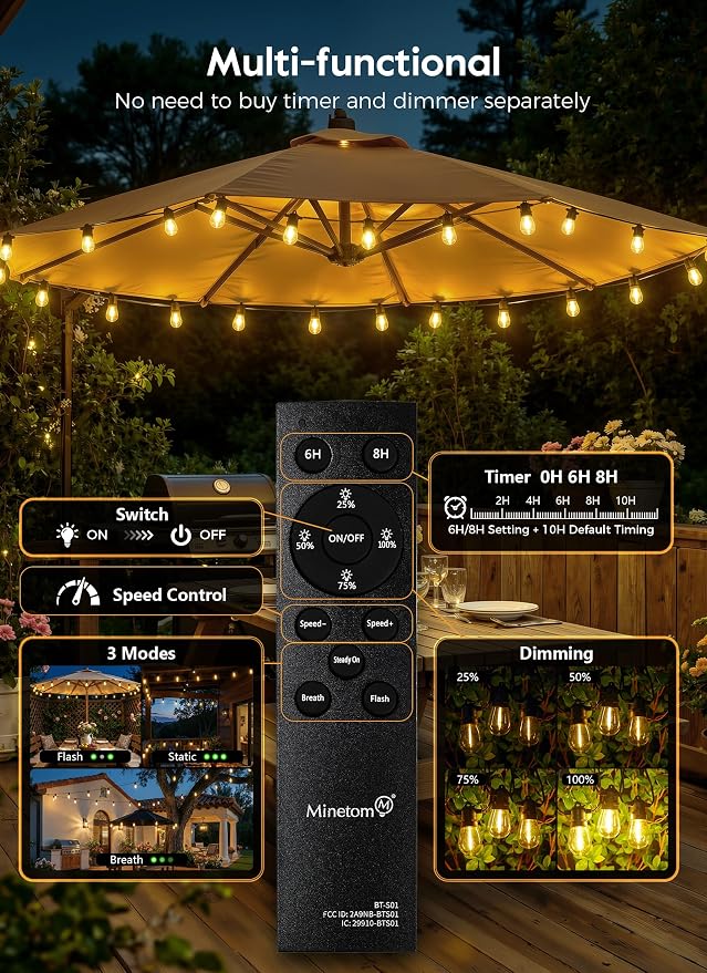 Minetom 58FT Solar String Lights Outdoor Waterproof, S14 Patio Lights | 17 LED Shatterproof Bulb, Remote Type-C Port Timable, 3 Light Modes Dimmable Solar String Lights for Outside, Yard, Camping