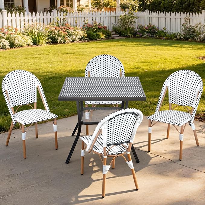 5-Piece Patio Dining Set, Outdoor French Country Bistro Table and Chairs, All-Weather Wicker Square Table & 4 Chairs w/Metal Frame, for Backyard Balcony, Black/White