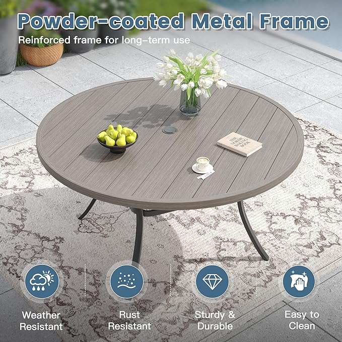 DIFY Outdoor Dining Set for 8, Patio Dining Furniture Set Includes 53" Grey Wood-Like Round Table with Adjustable Umbrella Hole and 8 Grey Stackable Metal Chairs for Poolside, Garden, Backyard