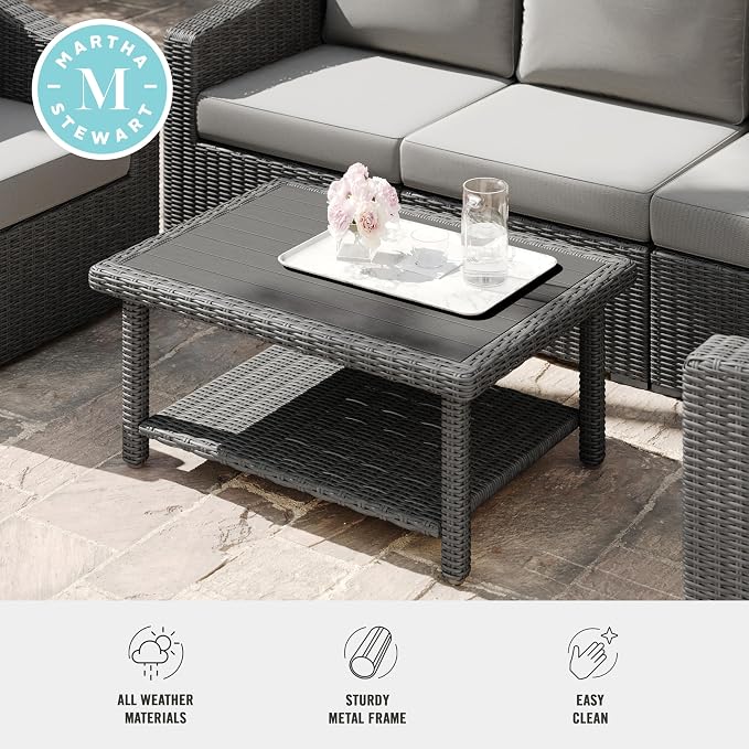 Martha Stewart Bedford Indoor-Outdoor Patio Coffee Table with Lower Shelf, Faux Wood Top, and Rattan Wicker Finish in Gray