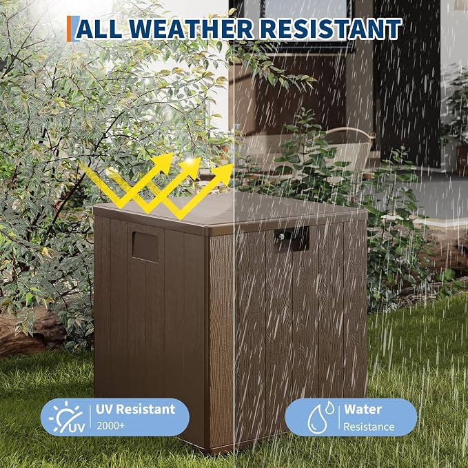 28 Gallon Outdoor Deck Box, Lockable Waterproof Outdoor Resin Box with Lid, Patio Storage Bin for Patio Furniture, Garden Tools, Pool Accessories - Brown