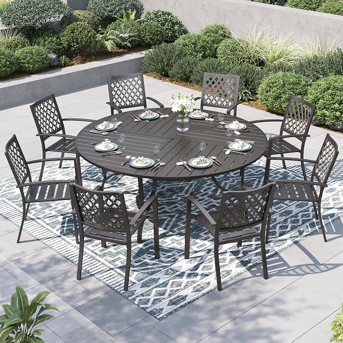 PHI VILLA 9 Pcs Outdoor Dining Set, 67" Round Table w/Umbrella Hole | Metal Round Table&Stackable Wrought Iron Chairs, All Weather Large Furniture Set for Patio, Deck, Backyard, Porch