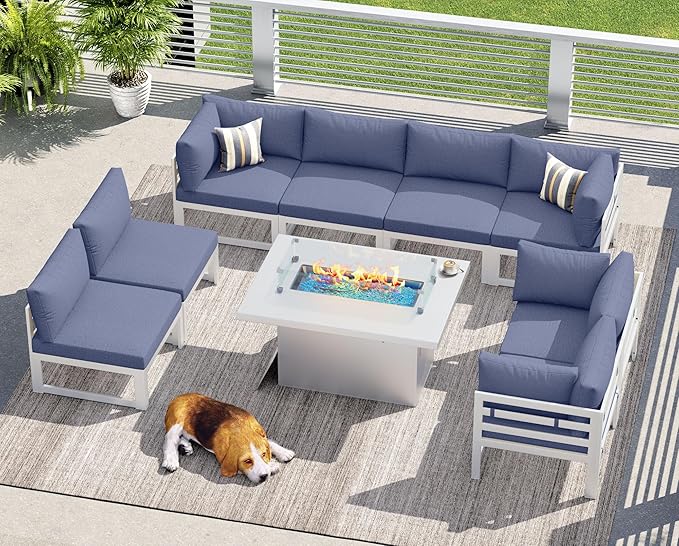 NICESOUL 8 People Large Luxury Aluminum Patio Conversation Set with Fire Pit Table Propane/Gas, 29" Deep U Shaped Sectional Couch, 500 lbs Heavy Duty All Weather Outdoor Sofa for Backyard, Denim Blue