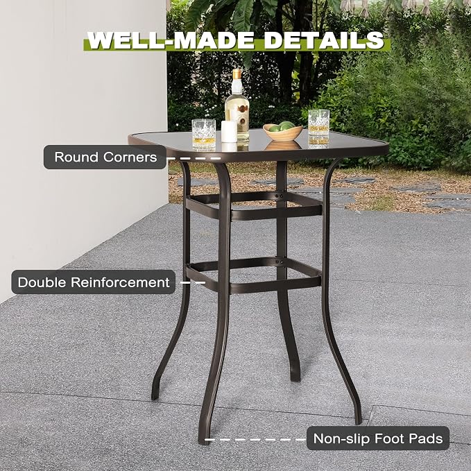 NUU GARDEN 5 PCS Patio Bar Set,Glass Square Table andSwivel Stools