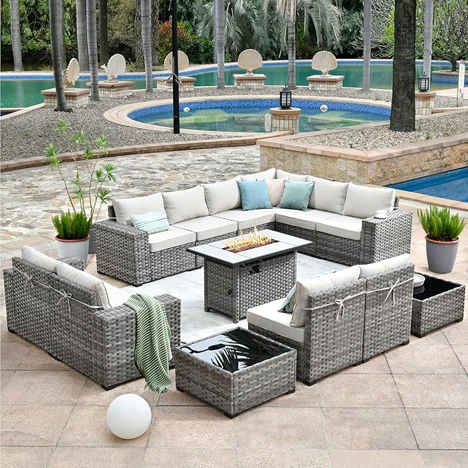 HOOOWOOO Outdoor Patio Sectional Furniture Sofa Set with Propane Fire Pit Table,13 Piece Large Modern Wicker Couch with Widened Armrest,Modular L Shaped Conversation Seating Set(Beige Tan)
