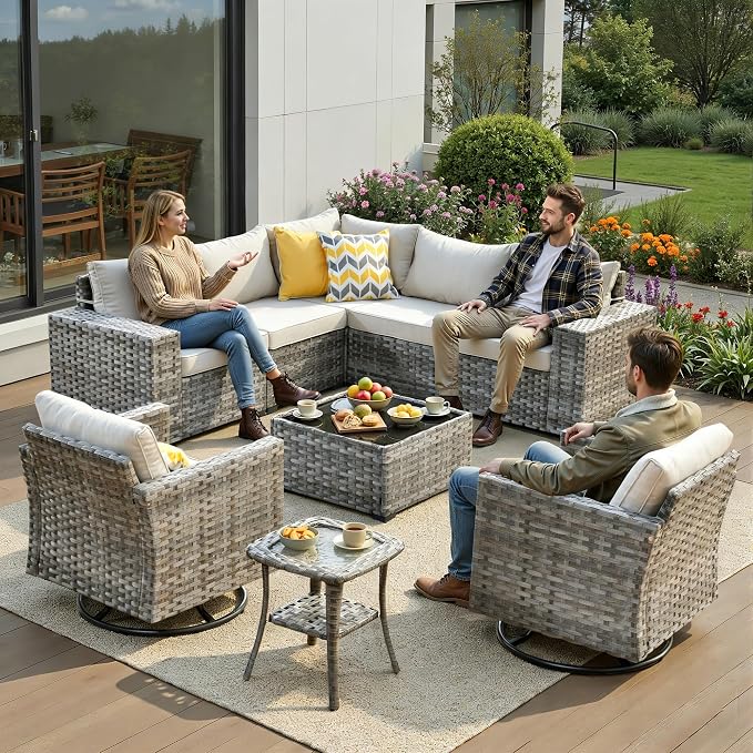 9 Pieces Patio Furniture Set, Wicker Outdoor Sectional Sofa with Swivel Chair Comfy Cushions, Modern Modular Deep Seat Rattan Couch Conversation Set for Backyard Porch Yard,Beige