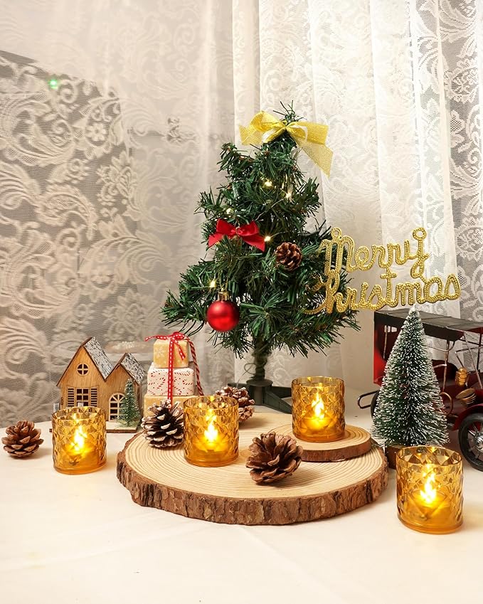 Homemory 2" x 2" Acrylic Votive Candle Holders with Auto Timer Flameless Led Tealight, Battery Powered Fake Electric Candles for Wedding Centerpiece, Table, Christmas Decor (6Pack, Gold Base)