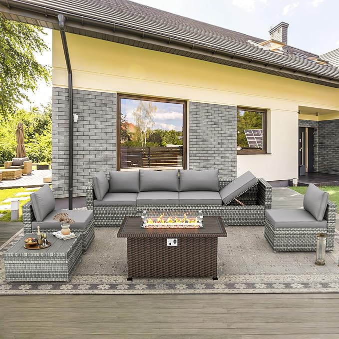 HOMREST 8 Pieces Outdoor Patio Furniture Set with 44" Propane Fire Pit Table, PE Rattan Sectional Sofa Conversation Set w/Adjustable Bracket,Wood Coffee Table for Backyard (Grey)