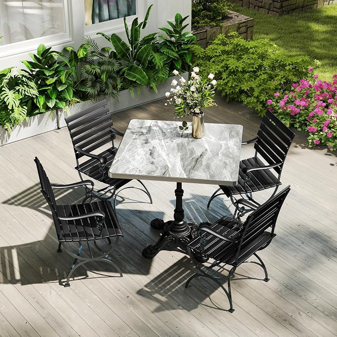 SSLine 31.5" Square Sintered Stone Dining Table, Grey Marble Top Bistro Table with Heavy-Duty Cast Iron Base, Waterproof Tulip Table for 2-4 Person,Indoor/Outdoor Use for Patio,Cafe,Restaurant