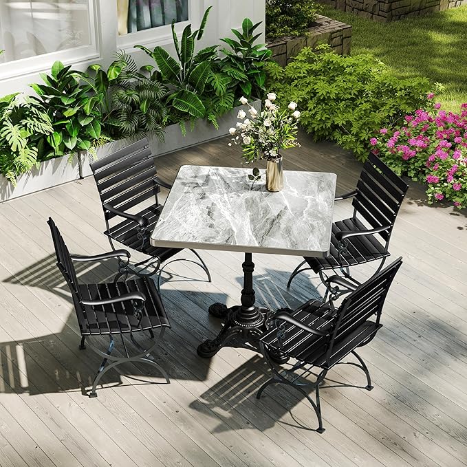 31.5" Sintered Stone Square Dining Table for 2-4 People, Marble Look Bistro Table with Heavy Duty Cast Iron Base for Outdoor Patio Garden Cafe, Living Room Balcony, Commercial Grade Small Space, Grey