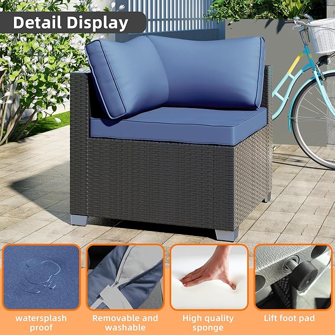 7-Piece Outdoor Patio Sectional Sofa Set – PE Wicker Rattan Conversation Furniture with Coffee Table, Cushions & Clips, Modular Patio Couch for Porch, Poolside, Backyard, Garden – Black Rattan