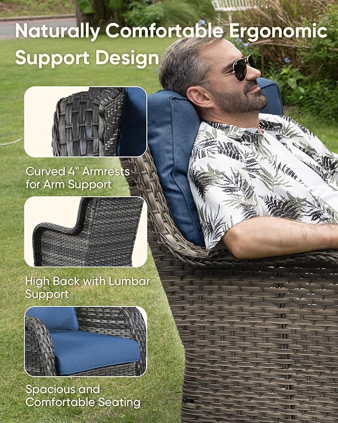 HUMMUH 8 Pieces Outdoor Patio Furniture Set with Fire Pit,L-Shaped Modular Sectional Couches with Swivel Patio Chairs,Wicker Conversation Set for Deck,Backyard,Porch,Garden