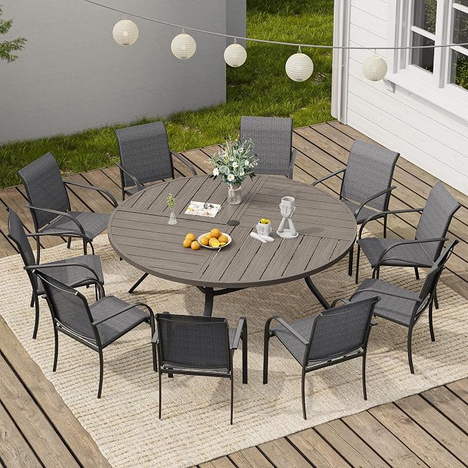 VICLLAX 63" Round Outdoor Table, Patio Dining Table for 8-10 with Umbrella Hole for Garden Lawn Deck Backyard, Antique Grey