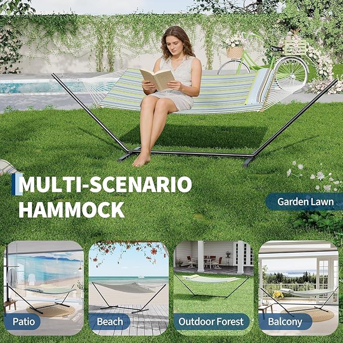 2 Person Outdoor Hammock with Stand, Person Cotton Rope Hammock with Polyester Pad, Portable Hammock with Carrying Bag, for Patio, Garden, Beach, Backyard Camping