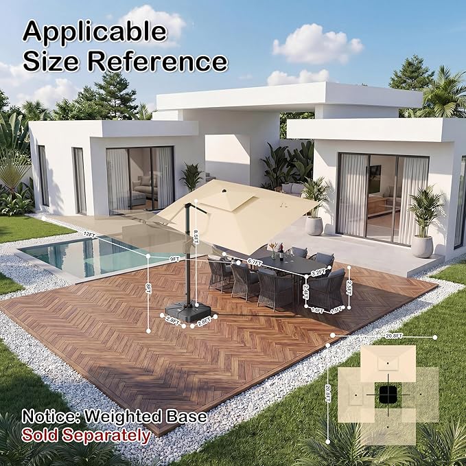 9x12 FT Patio Umbrella with Weighted Base and LED Lights Cantilever Outdoor Large Heavy Duty Rectangle Aluminum Offset Umbrellas Double Top 360 Rotation for Pool Deck Garden, Beige
