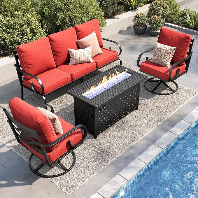 PHI VILLA Patio Furniture Set, 3-Seater Sofa, 2 Swivel Chairs and a 45" Fire Pit Table, Outdoor Metal Conversation Set with 5.75" Extra Thick Cushion for Garden Backyard Deck, Red