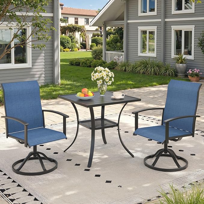 3 Pieces Small Outdoor Dining Set, 27.5" Square Small Patio Table and Patio Swivel Chairs for Backyard Deck Garden, Black Table and Dark Blue Chairs