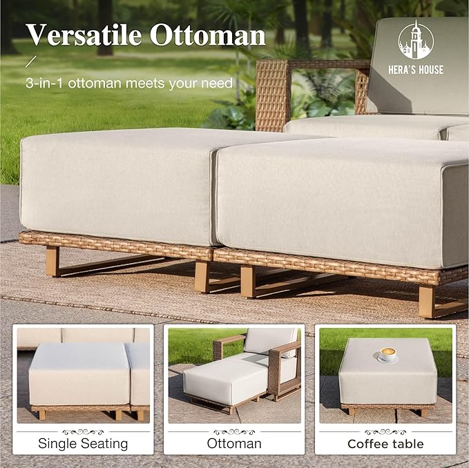HERA'S HOUSE Patio Furniture Set, 4-Seat Outdoor Wicker Couch Conversation Sets with 10" Ultra Thick Cushion, Low Profile Yellow Rattan Furniture with 5.3" Wide Arm for Backyard Lawn Garden