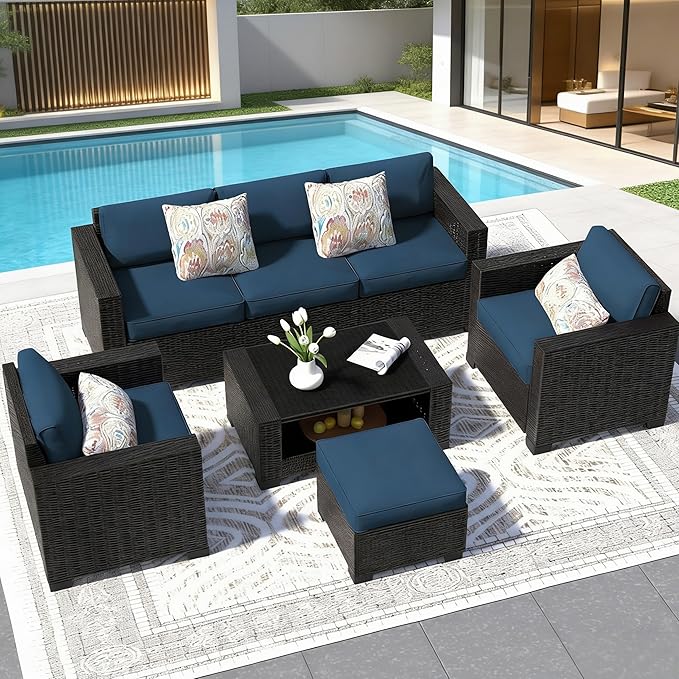 SHGJ&SOFT 7 Piece Outdoor Patio Furniture Set, Wicker Outdoor Sectional Sofa with Washable Cushion Covers and Tempered Glass Table, Rattan Conversation Set for Poolside,Balcony, Porch, Garden
