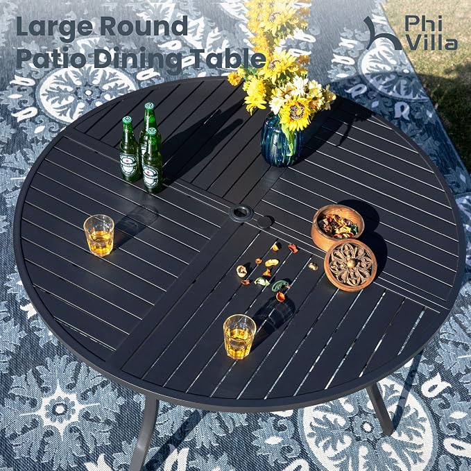 PHI VILLA 7 Pieces Outdoor Round Dining Set for 6, Large Metal Dining Table with Umbrella Hole & Cushioned Wicker Rattan Chairs, Dining Furniture Set for Patio, Deck, Yard, Porch