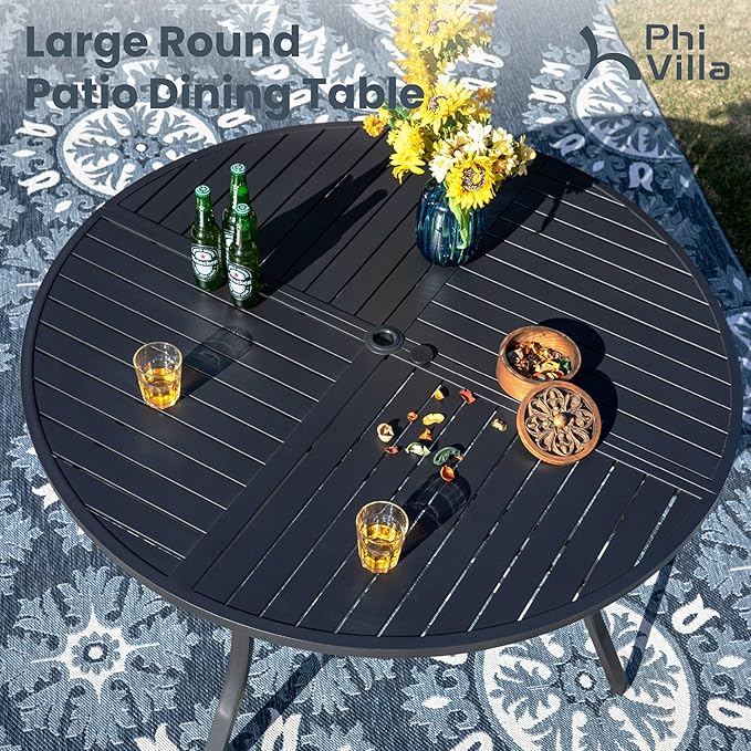 PHI VILLA 7 Pcs Outdoor Dining Set, 54" Round Table& Stackable Chairs | Wrought Iron Dining Table with Umbrella Hole,Ppatio Dining Furniture Set for Patio, Deck, Backard, Porch
