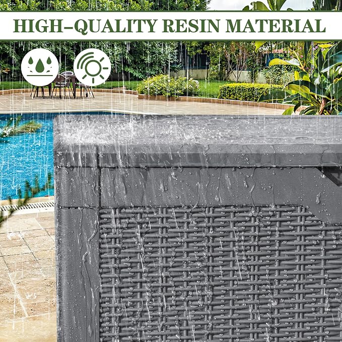 Greesum 100 Gallon Resin Deck Box Large Outdoor Storage, Imitation Rattan Weave Texture for Patio Furniture, Garden Tools, Pool Supplies, Weatherproof and UV Resistant, Lockable, Gray