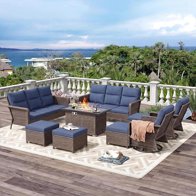 12 Seats Outdoor Patio Furniture Set with Fire Pit Table, High Back Swivel Chairs Conversation Sets with Ergonomic Backrest, Wicker Sectional Sofa with Gilder Chair for Yard Garden Porch, Blue