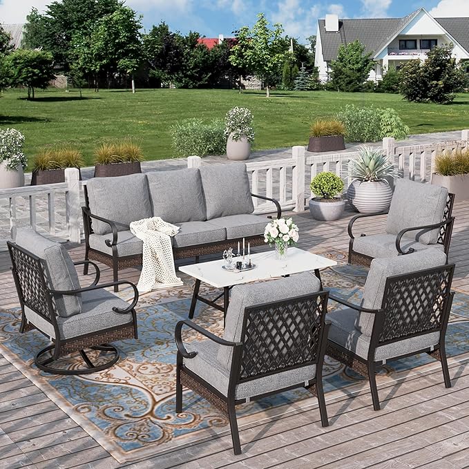 HERA'S HOUSE 6 Pieces Metal Patio Furniture Set, All Weather Outdoor Conversation Set with 3-Seat Sofa, 2 Swivel Chairs, 2 Fixed Chairs & Coffee Table, 7 Seats for Backyard, Garden, Deck, Grey