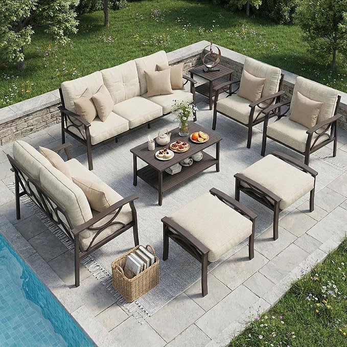 RoyalCraft 8-Pieces Outdoor Patio Furniture Set, Outdoor Metal Sectional Furniture with Cushions, Outdoor Conversation Seating Set with Coffee Table for Balcony, Backyard, Garden, Deck, Beige