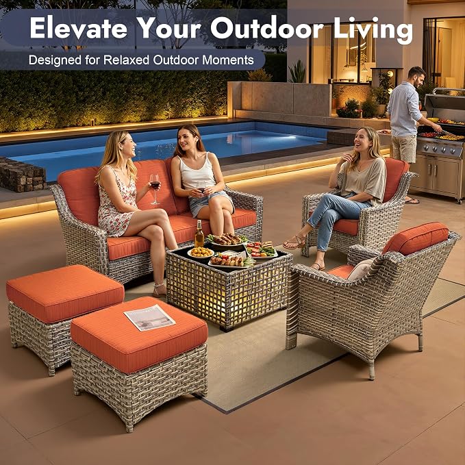6 PCS Patio Furniture Set, Deep Seat High Back Outdoor Conversation Set with Ottomans, Wicker Outside Furniture with Solar Light Coffee Table for Porch Backyard Balcony, Sunroom, Orange
